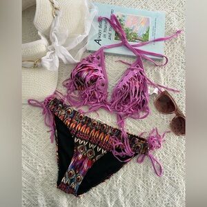 Boohoo Pink and Multicolor Fringe Bikini